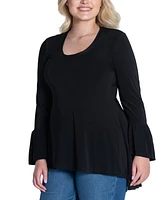 24seven Comfort Apparel Plus Long Bell Sleeve High Low Tunic Top