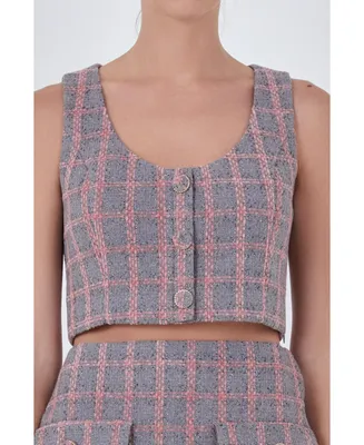 Women's Tweed Button Crop Top