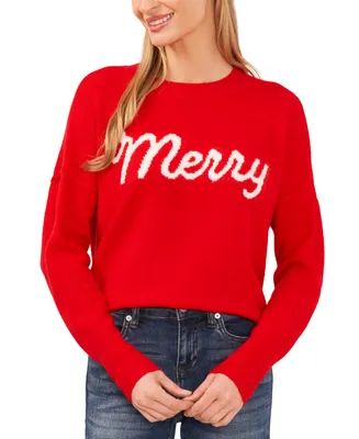 CeCe Women's Merry Script Long-Sleeve Cozy Sweater