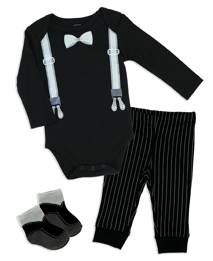 Baby Mode Boys Suspender Bodysuit, Pants and Socks, 3 Piece Set