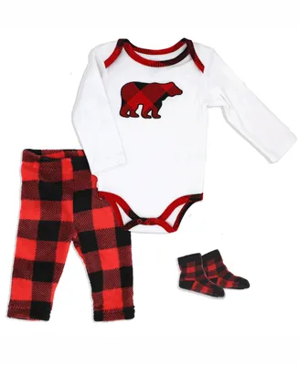 Baby Mode Baby Boys or Baby Girls Buffalo Plaid Bodysuit, Pants and Socks, 3 Piece Set