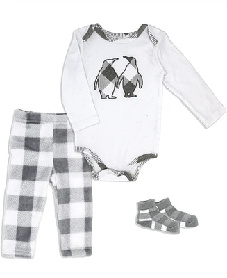 Baby Mode Boys or Girls Buffalo Plaid Bodysuit, Pants and Socks, 3 Piece Set