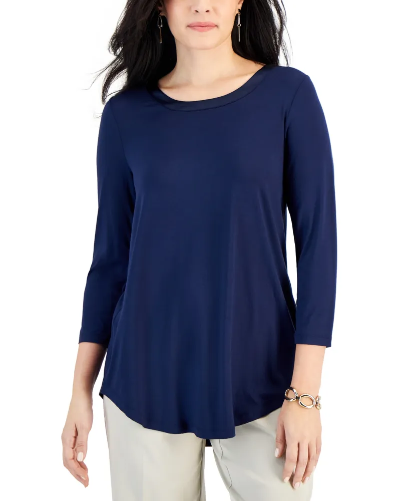 Jm Collection Petite Satin-Trim 3/4-Sleeve Top, Created for Macy's