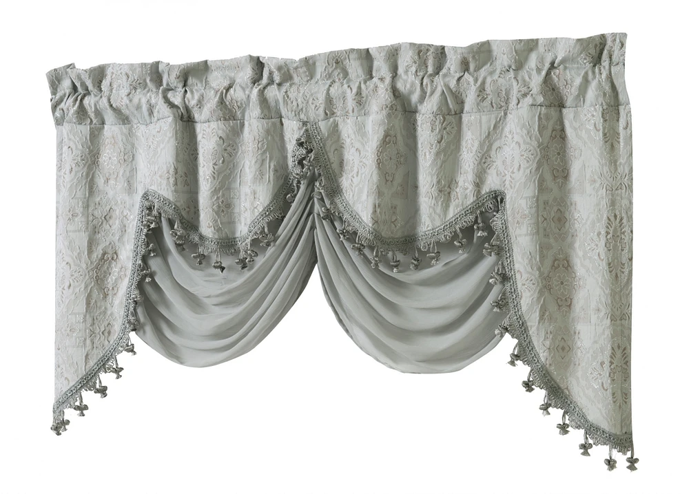 Kate Aurora Georgina Ultra Luxurious Raised Jacquard And Fringed Trimmed Austrian Window Valance - 52 in. W x 28 L, Silver