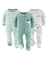 The Peanutshell Baby Boys Green Dino Footed Baby Sleepers Girls, 3-Pack,