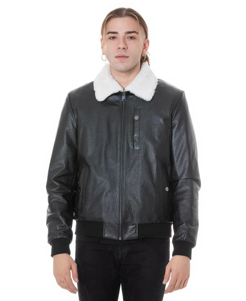 Furniq Uk Men's Genuine Leather Bomber Jacket with Shearling Lining