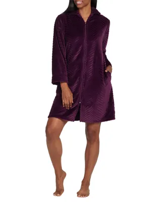 Miss Elaine Women's Solid Long-Sleeve Short Zip Fleece Robe
