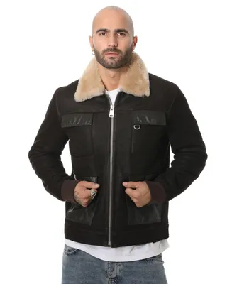 Men's Shearling Bomber Jacket, Washed Brown With Champagne Wool