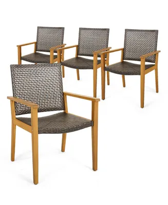 Set of 4 Patio Dining Chairs Outdoor Acacia Wood Rattan Armchairs Garden