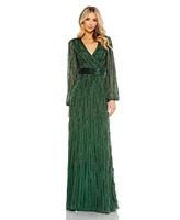 Women's Sequined Wrap Over Puff Sleeve Gown