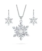 Holiday Party Christmas White Simulated Pearl Snowflake Necklace Pendant Dangling Earrings Jewelry Set For Women