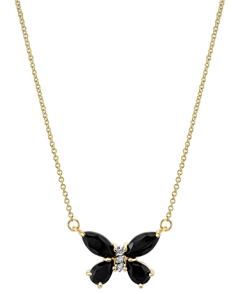 Onyx & Diamond Accent Butterfly 18" Pendant Necklace in 14k Gold