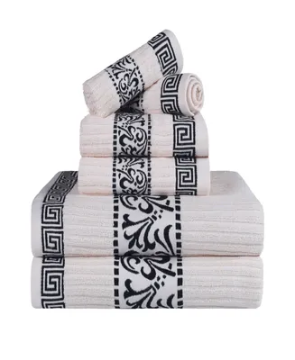 Superior Athens Cotton with Greek Scroll and Floral Pattern Assorted, 6 Piece Bath Towel Set - Ivory