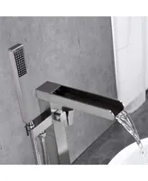 Simplie Fun Bathroom Freestanding Waterfall Tub Filler Brushed Nickel Floor Mount Faucet With Hand Shower