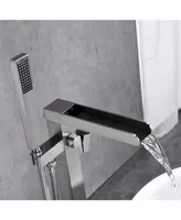 Bathroom Freestanding Waterfall Tub Filler Brushed Nickel Floor Mount Faucet With Hand Shower