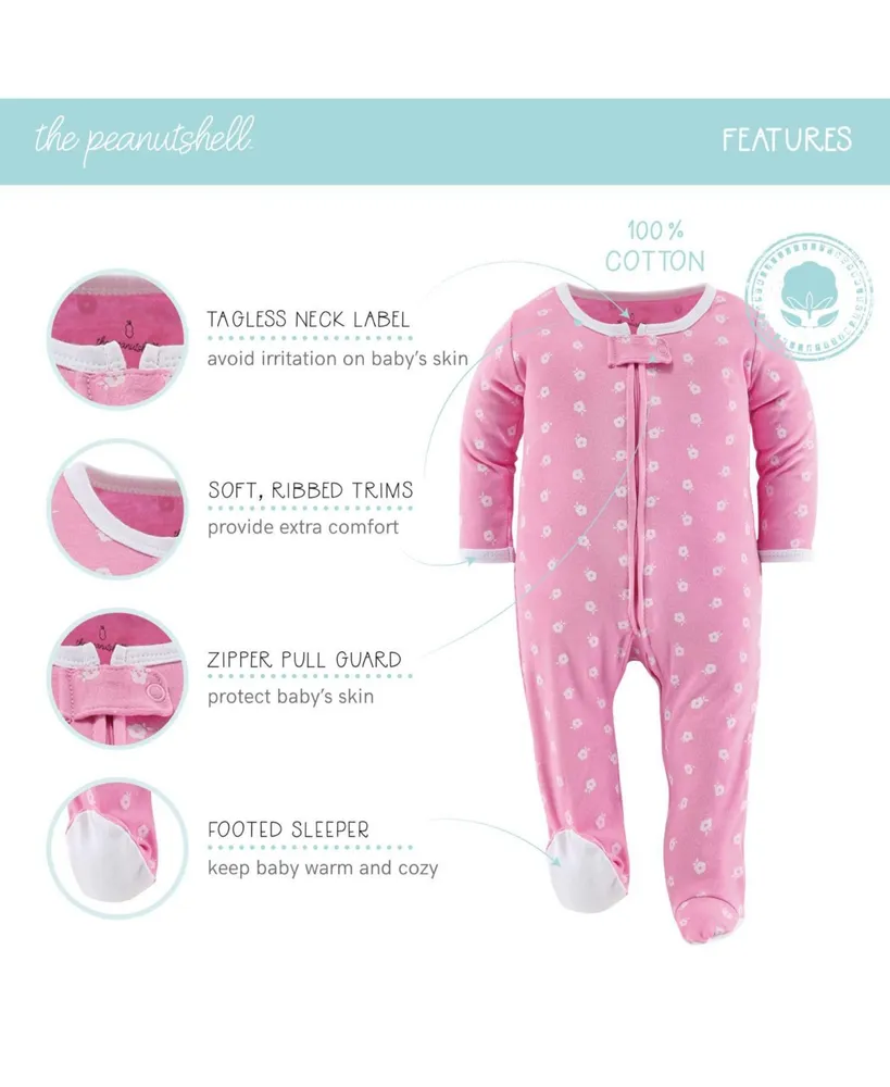 The Peanut Shell Floral Love Footed Baby Sleepers for Girls, 3-Pack