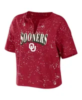 Women's Wear by Erin Andrews Crimson Oklahoma Sooners Bleach Wash Splatter Cropped Notch Neck T-shirt