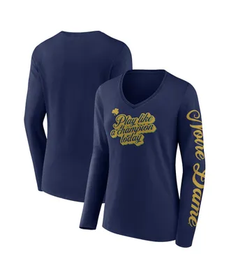 Women's Fanatics Navy Notre Dame Fighting Irish Play Like a Champion Today 2-Hit V-Neck Long Sleeve T-shirt