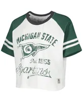 Women's Pressbox White Distressed Michigan State Spartans Melange Beaumont Cropped Raglan T-shirt