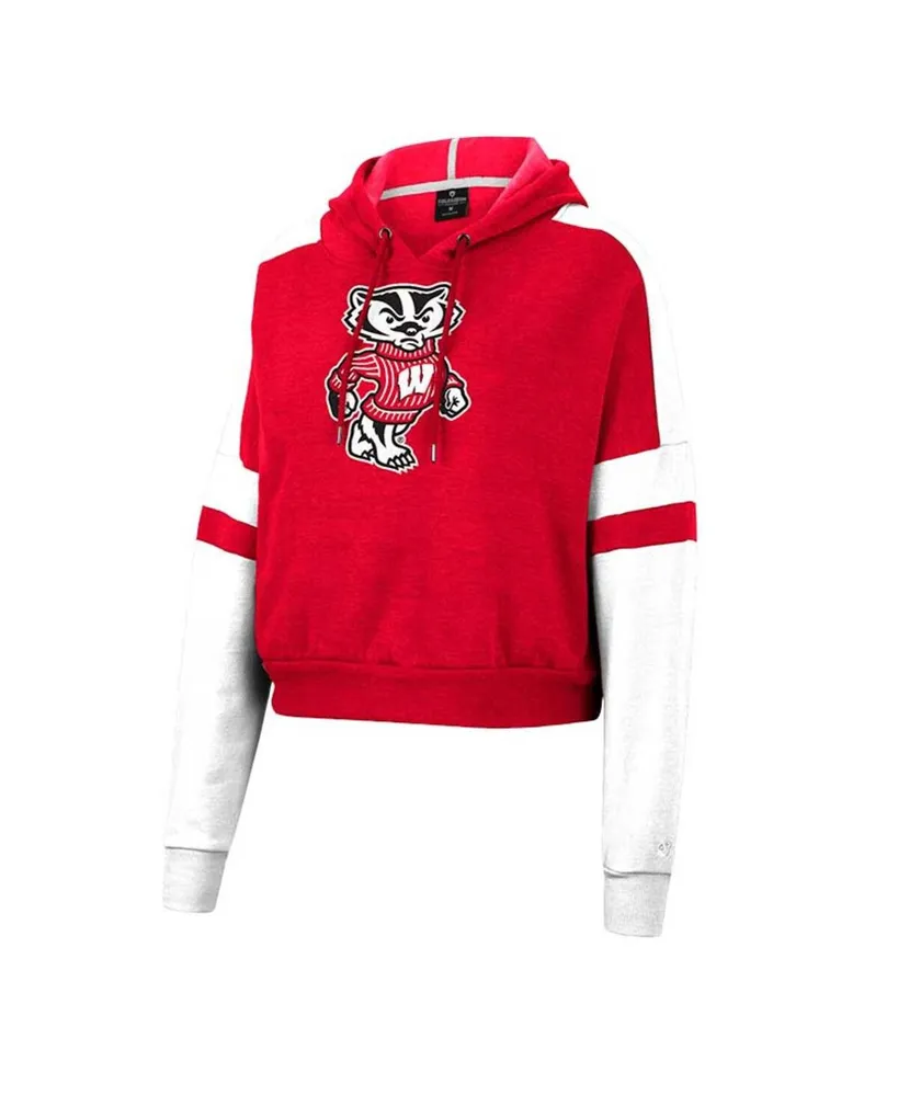 Women's Colosseum Heather Red Wisconsin Badgers Throwback Stripe Arch Logo Cropped Pullover Hoodie