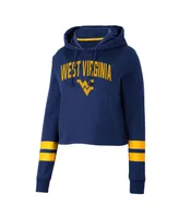 Women's Colosseum Navy West Virginia Mountaineers Throwback Stripe Cropped Pullover Hoodie