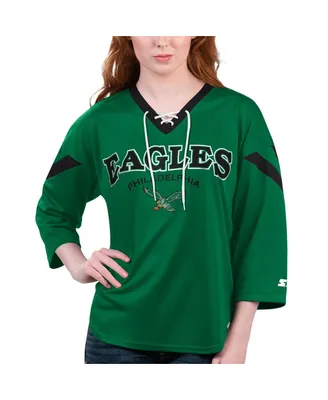 Women's Starter Green Philadelphia Eagles Rally Lace-Up 3/4 Sleeve T-shirt