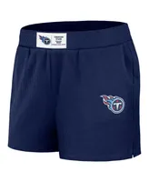 Women's Wear by Erin Andrews Navy Distressed Tennessee Titans Waffle Knit Long Sleeve T-shirt and Shorts Lounge Set