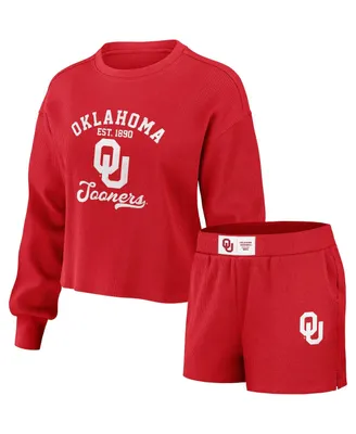 Women's Wear by Erin Andrews Crimson Distressed Oklahoma Sooners Waffle Knit Long Sleeve T-shirt and Shorts Lounge Set