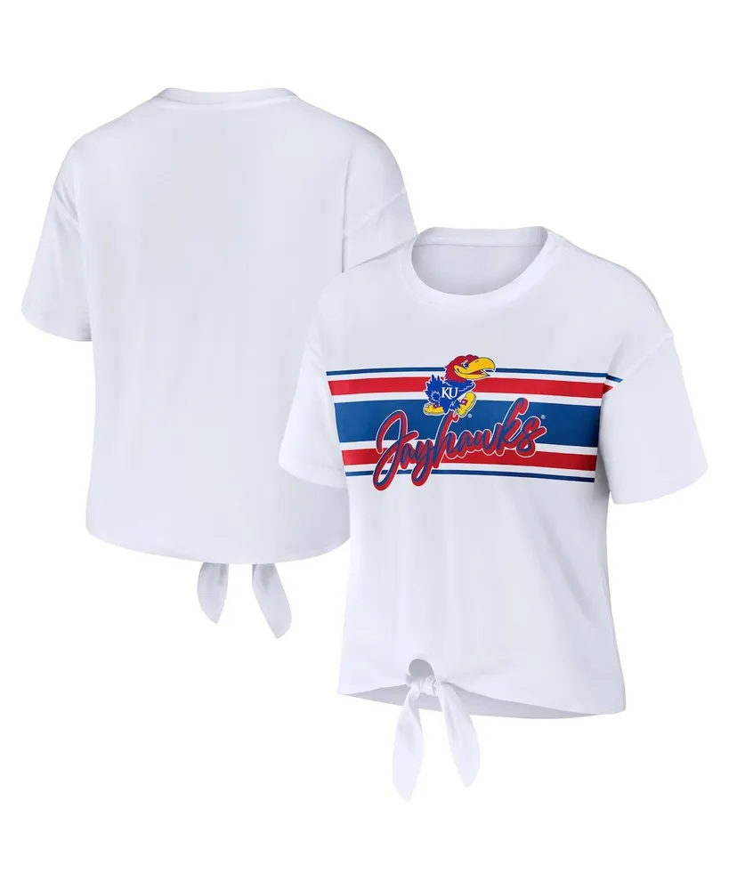 Women's Wear by Erin Andrews White Kansas Jayhawks Striped Front Knot Cropped T-shirt