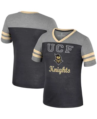 Big Girls Colosseum Black, Heather Gray Ucf Knights Summer Striped V-Neck T-shirt