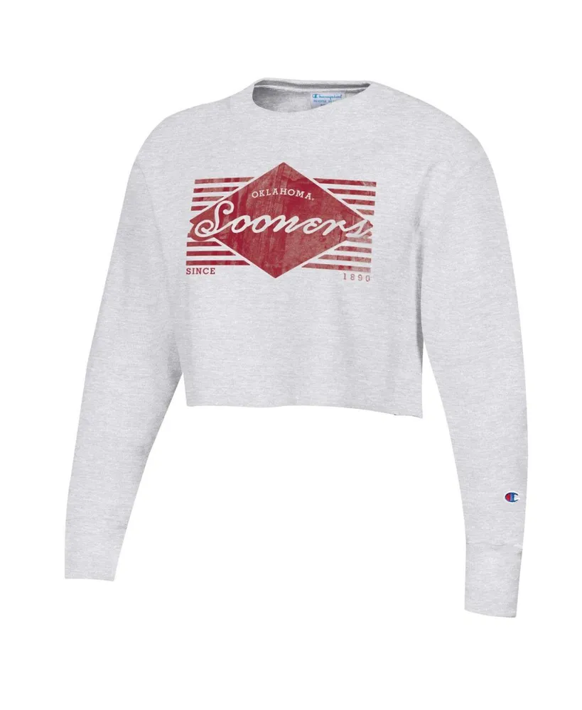 Women's Champion Heather Gray Distressed Oklahoma Sooners Reverse Weave Cropped Pullover Sweatshirt