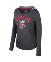 Women's Colosseum Black Wisconsin Badgers Distressed Heather Long Sleeve Hoodie T-shirt