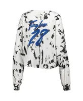 Women's Majestic Threads Jonathan Taylor White Distressed Indianapolis Colts Off-Shoulder Tie-Dye Name and Number Cropped Long Sleeve V-Neck T-shirt