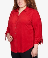 Alfred Dunner Plus Size Park Place Stretch Knit Faux Suede Button Up Top