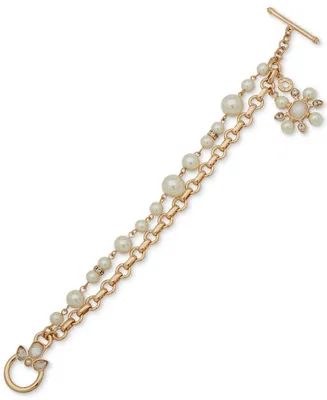 Anne Klein Gold-Tone Crystal & Color Imitation Pearl Flower Charm Double-Row Flex Bracelet