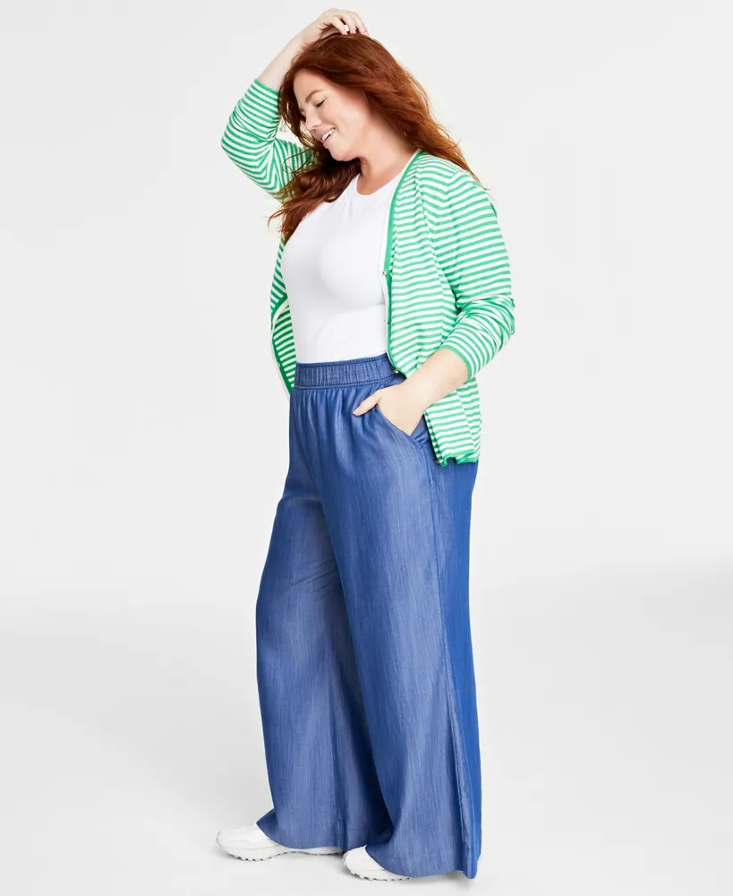 On 34th Plus Pull-On Chambray Wide-Leg Pants, Created for Macy's