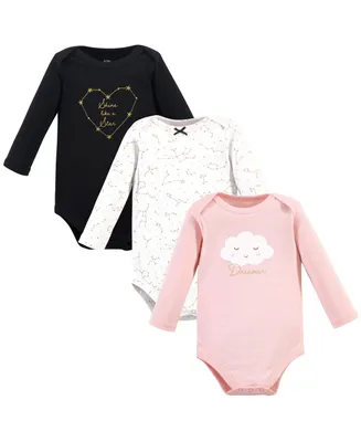 Hudson Baby Infant Girl Cotton Long-Sleeve Bodysuits, Dreamer, 3-Pack