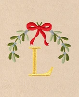 Linum Home Christmas Mistletoe Monogram Beige Embroidered Luxury Turkish Cotton Hand Towels, 2 Piece Set