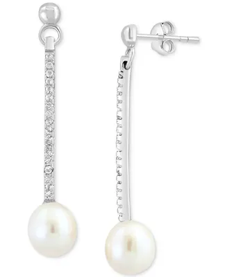 Effy Freshwater Pearl (7mm) & White Topaz (1/5 ct. t.w.) Linear Drop Earrings in Sterling Silver