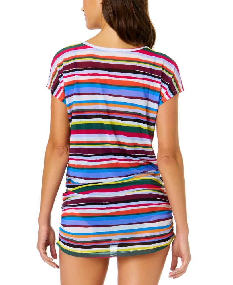 Anne Cole Women's Striped-Mesh V-Neck Cover-Up Tee
