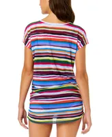 Anne Cole Women's Striped-Mesh V-Neck Cover-Up Tee