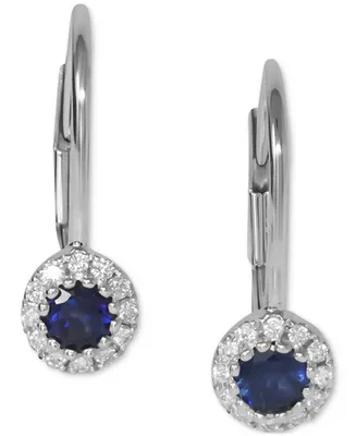 Sapphire (3/8 ct. t.w.) & Diamond (1/10 ct. t.w.) Halo Leverback Drop Earrings in 14k White Gold