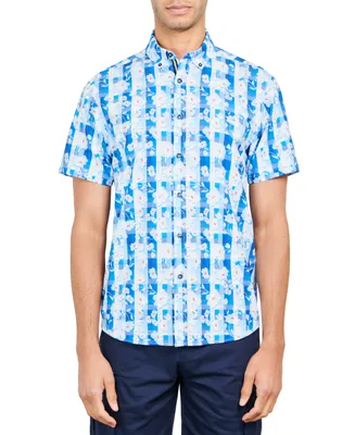 Society of Threads Men's Slim-Fit Performance Stretch Gingham Floral Short-Sleeve Button-Down Shirt