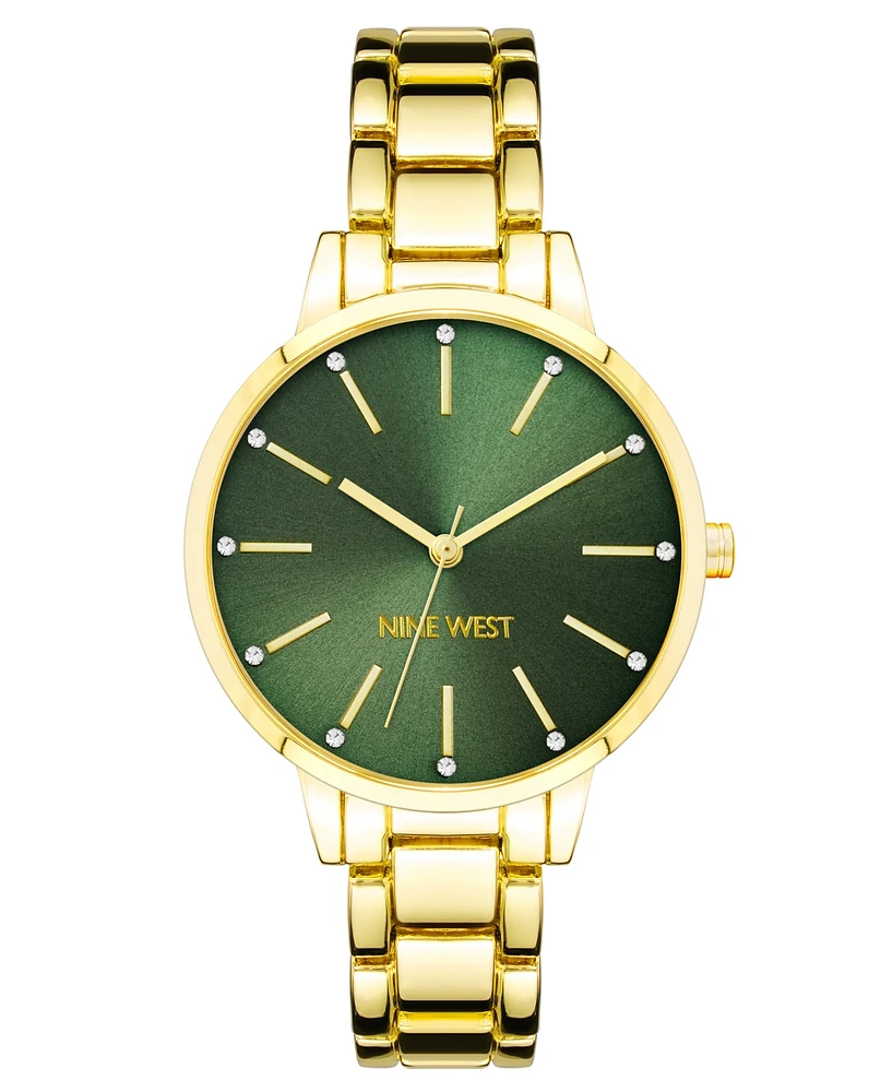 Nine West Women's Quartz Gold-Tone Alloy Link Bracelet Watch, 36mm - Green, Gold