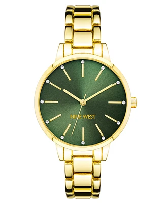 Nine West Women's Quartz Gold-Tone Alloy Link Bracelet Watch, 36mm - Green, Gold