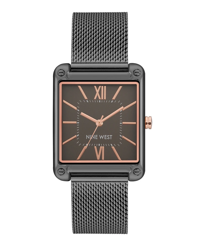 Nine West Women's Quartz Rectangular Dark Gray Stainless Steel Mesh Band Watch, 29mm - Dark Gray, Rose Gold