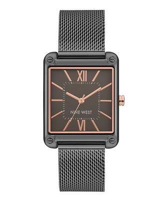 Nine West Women's Quartz Rectangular Dark Gray Stainless Steel Mesh Band Watch, 29mm - Dark Gray, Rose Gold