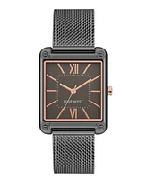 Nine West Women's Quartz Rectangular Dark Gray Stainless Steel Mesh Band Watch, 29mm - Dark Gray, Rose Gold