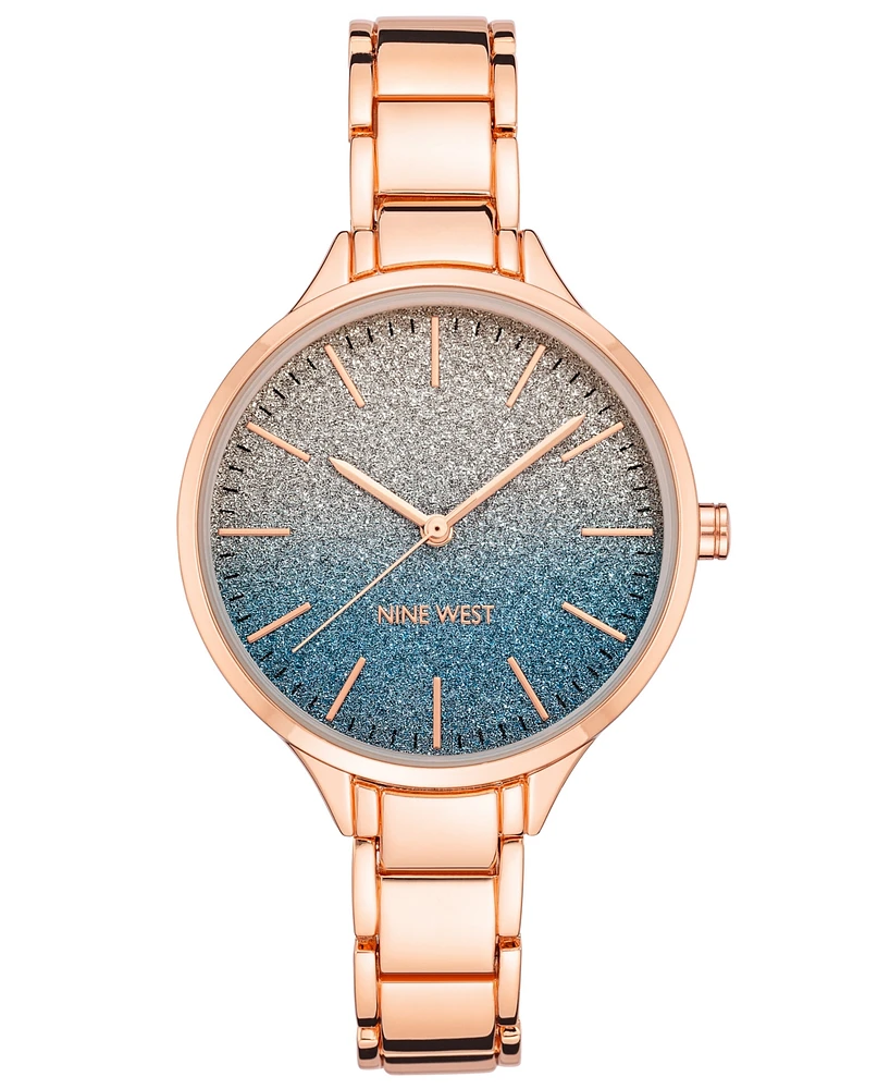 Nine West Women's Quartz Rose Gold-Tone Alloy Link Bracelet Watch, 36mm - Blue, Rose Gold