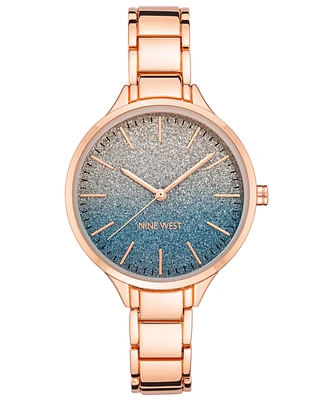 Nine West Women's Quartz Rose Gold-Tone Alloy Link Bracelet Watch, 36mm - Blue, Rose Gold